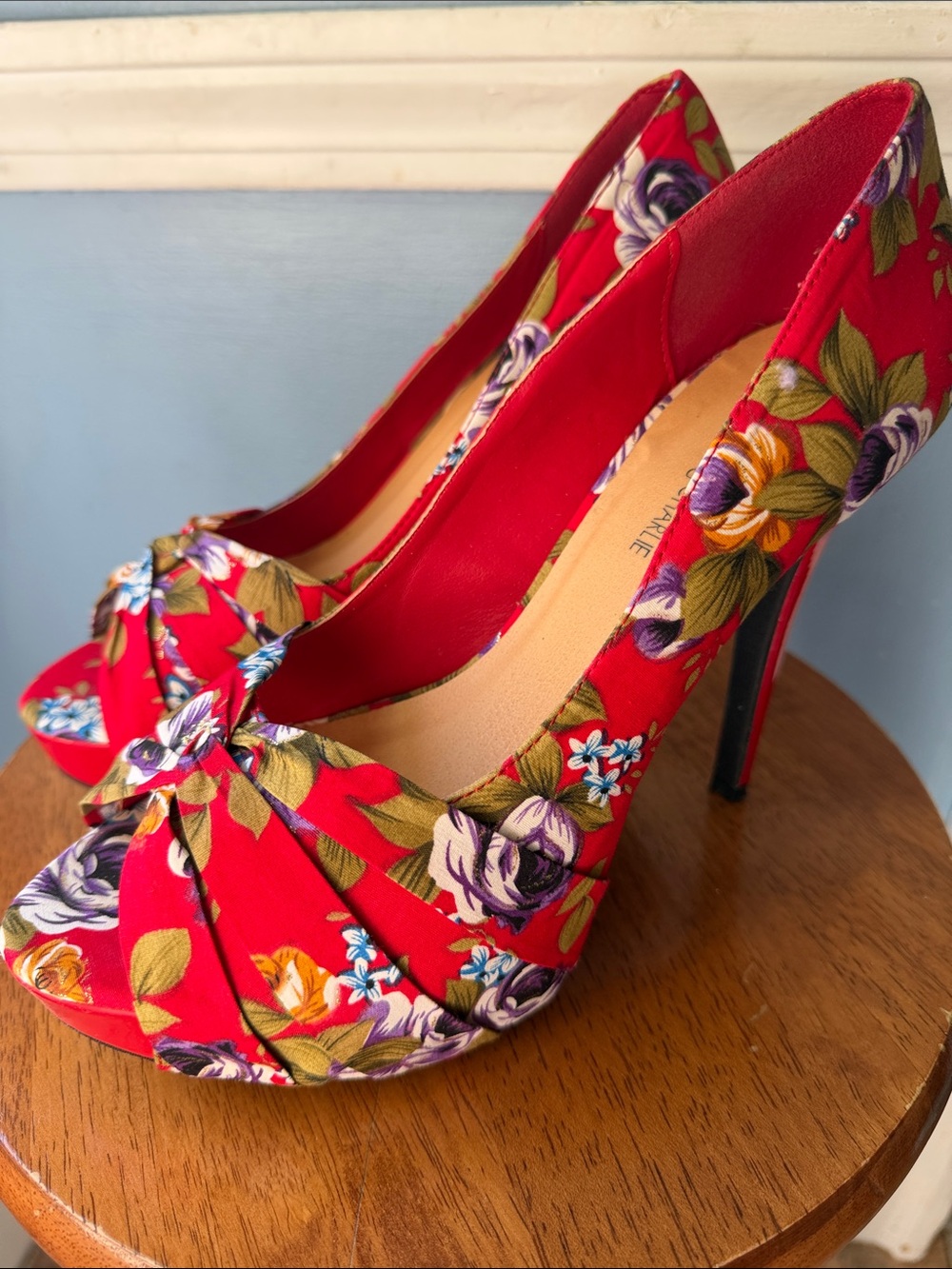 Charming Charlie Red Floral Peep-Toe Knot Heels